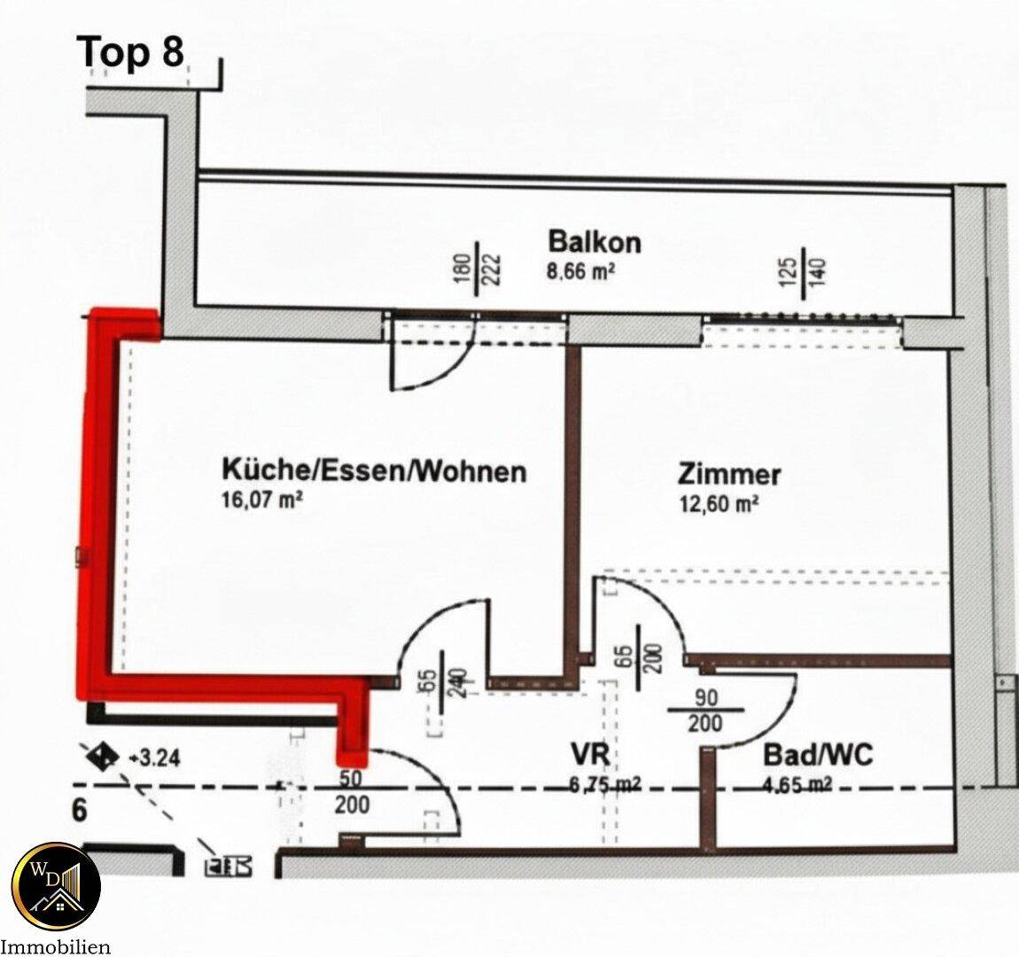 Grundriss von Top 8 mit offenem Wohnbereich, Zimmer, Bad und Balkon.