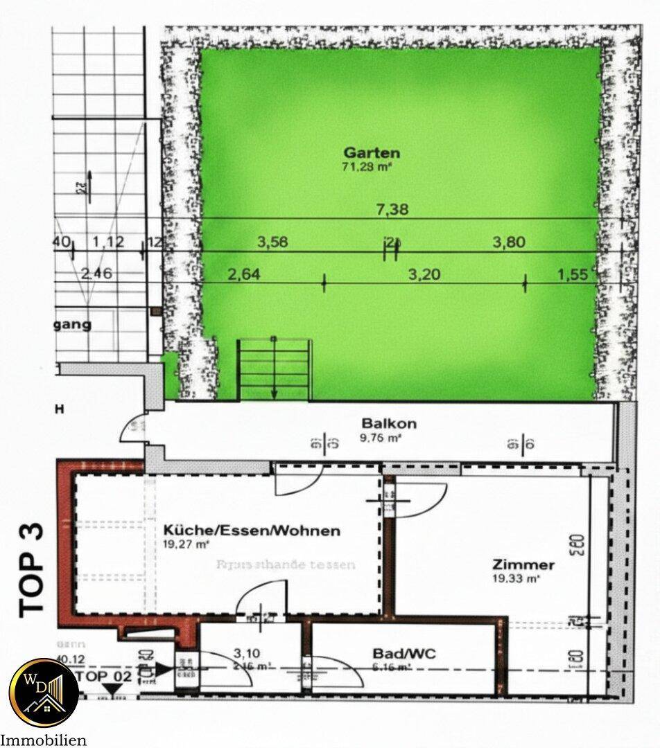 Grundriss der Wohnung Top 3 mit Garten, Balkon und offenem Wohn-, Ess- und Kochbereich.