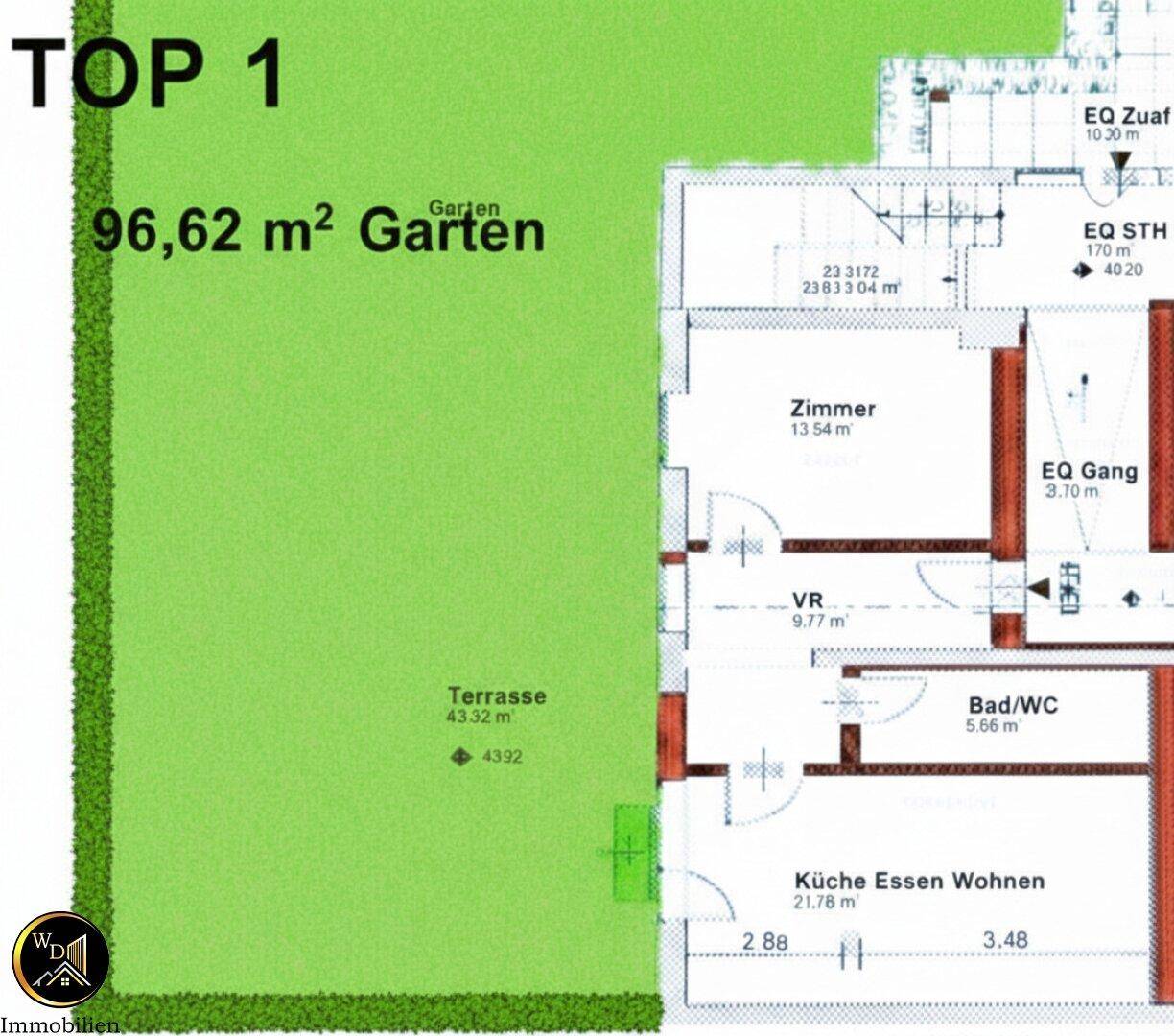 Grundriss der Wohnung Top 1 mit großer Terrasse und weitläufigem Gartenbereich sowie offenem Wohnkonzept.