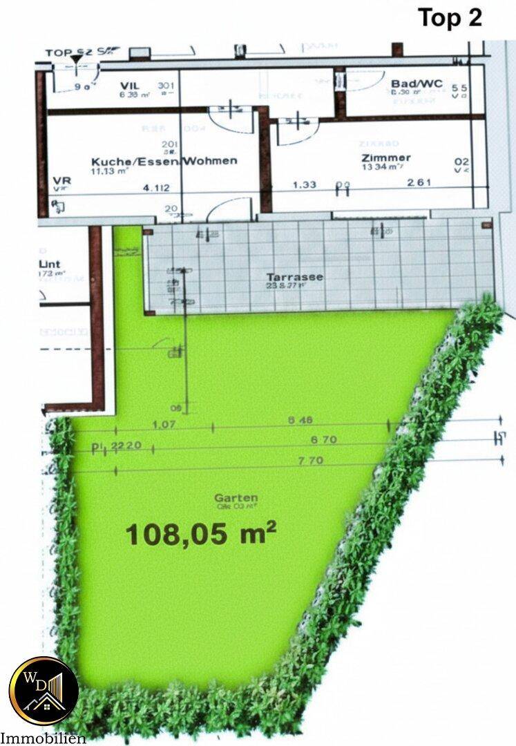 Grundriss der Wohnung Top 2 mit Terrasse und großem Gartenanteil, inklusive offenem Wohnbereich.