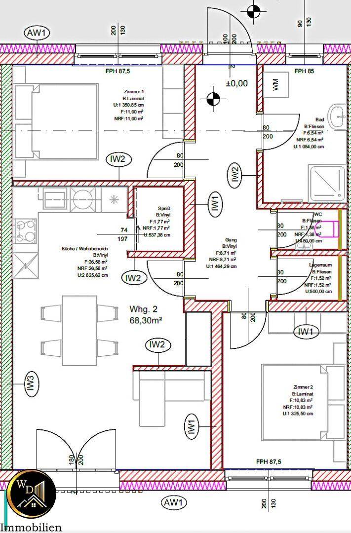 Grundriss der Wohnung 2 mit offener Küche, Wohnbereich, zwei Schlafzimmern und Bad.