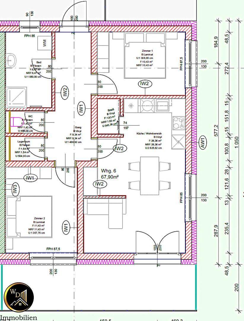 Grundriss der Wohnung 6 mit offener Küche, Wohnbereich, zwei Schlafzimmern und Bad.