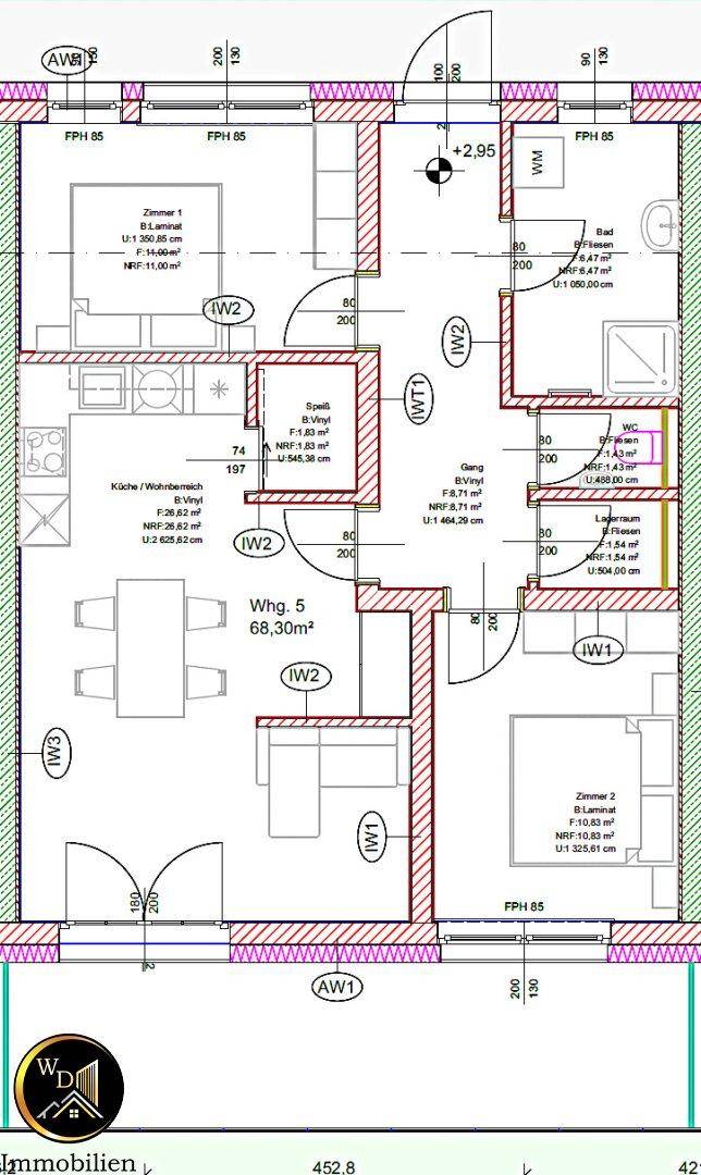 Grundriss der Wohnung 5 mit offener Küche, Wohnbereich, zwei Schlafzimmern und Bad.