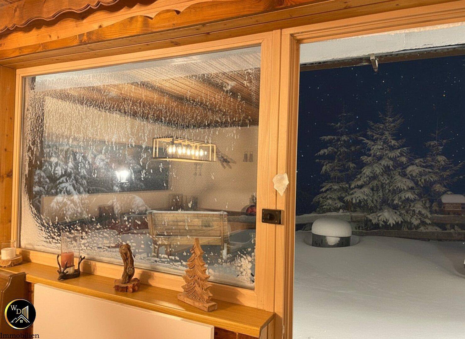 Winterlicher Ausblick aus dem Fenster auf verschneite Bäume und die nächtliche Landschaft.