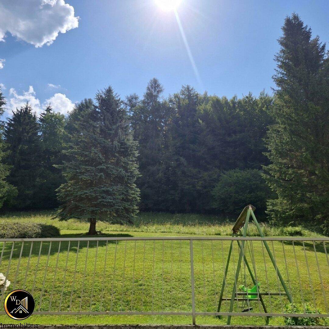 Sonnige Grünfläche mit Rasen, Bäumen und einem kleinen Spielplatz.