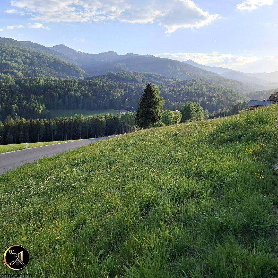 Sonnige Hügellandschaft mit weiten Wiesen und einem Panoramablick auf die umliegenden Berge.