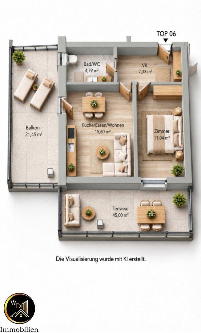 3D-Grundriss mit möbliertem Balkon und großer Terrasse, zeigt Schlafzimmer, Wohnküche und Bad.