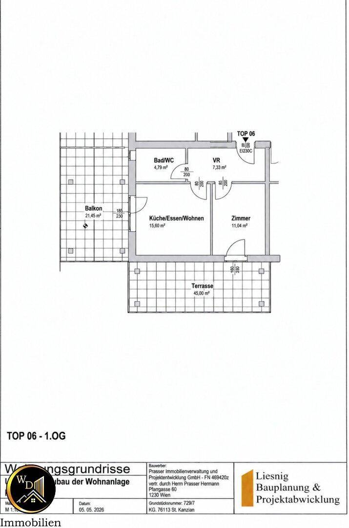 Klassischer Grundriss der Wohnung TOP 06 mit Balkon und Terrasse, inklusive Raummaßen.