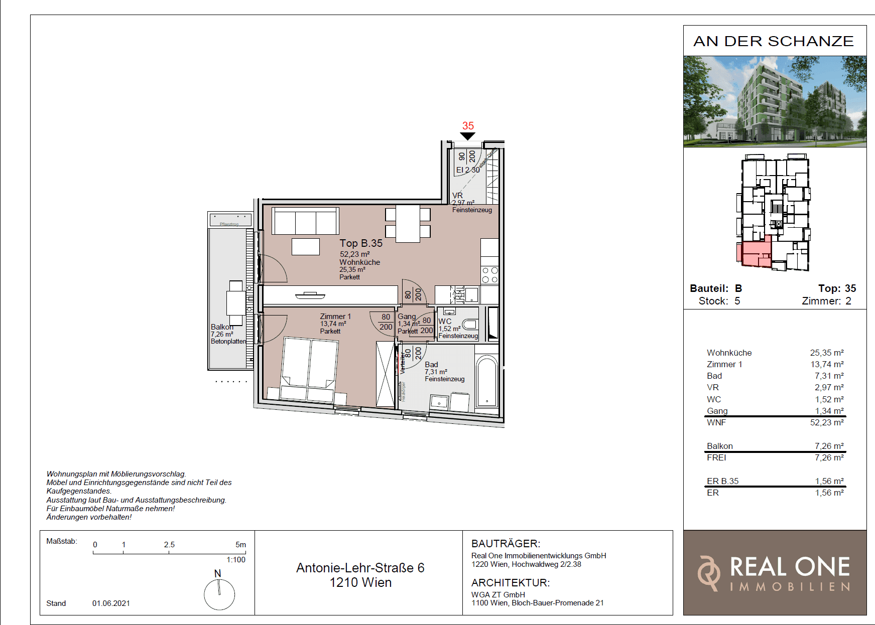 Detaillierter Grundriss der Wohnung Top B.35 mit Raumaufteilung und Flächenangaben.