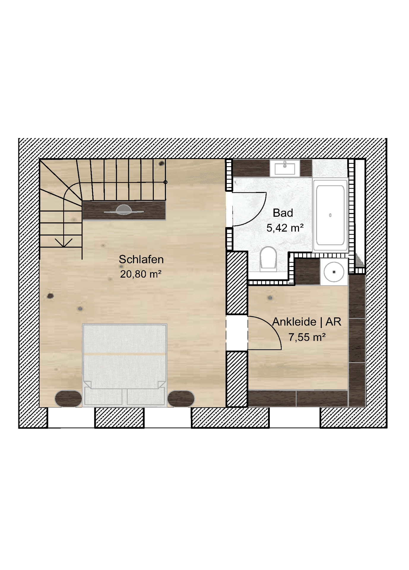 Grundriss des Obergeschosses mit großem Schlafzimmer, Bad mit Badewanne und separater Ankleide.
