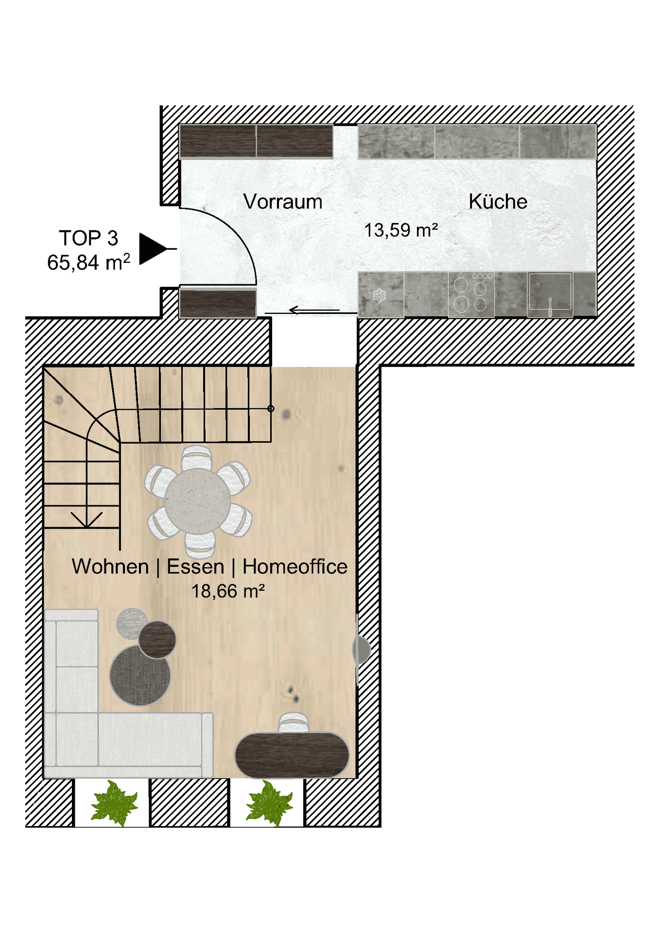 Grundriss des Erdgeschosses mit separater Küche, offenem Wohn-Essbereich und Homeoffice-Ecke sowie kleinem Balkon.