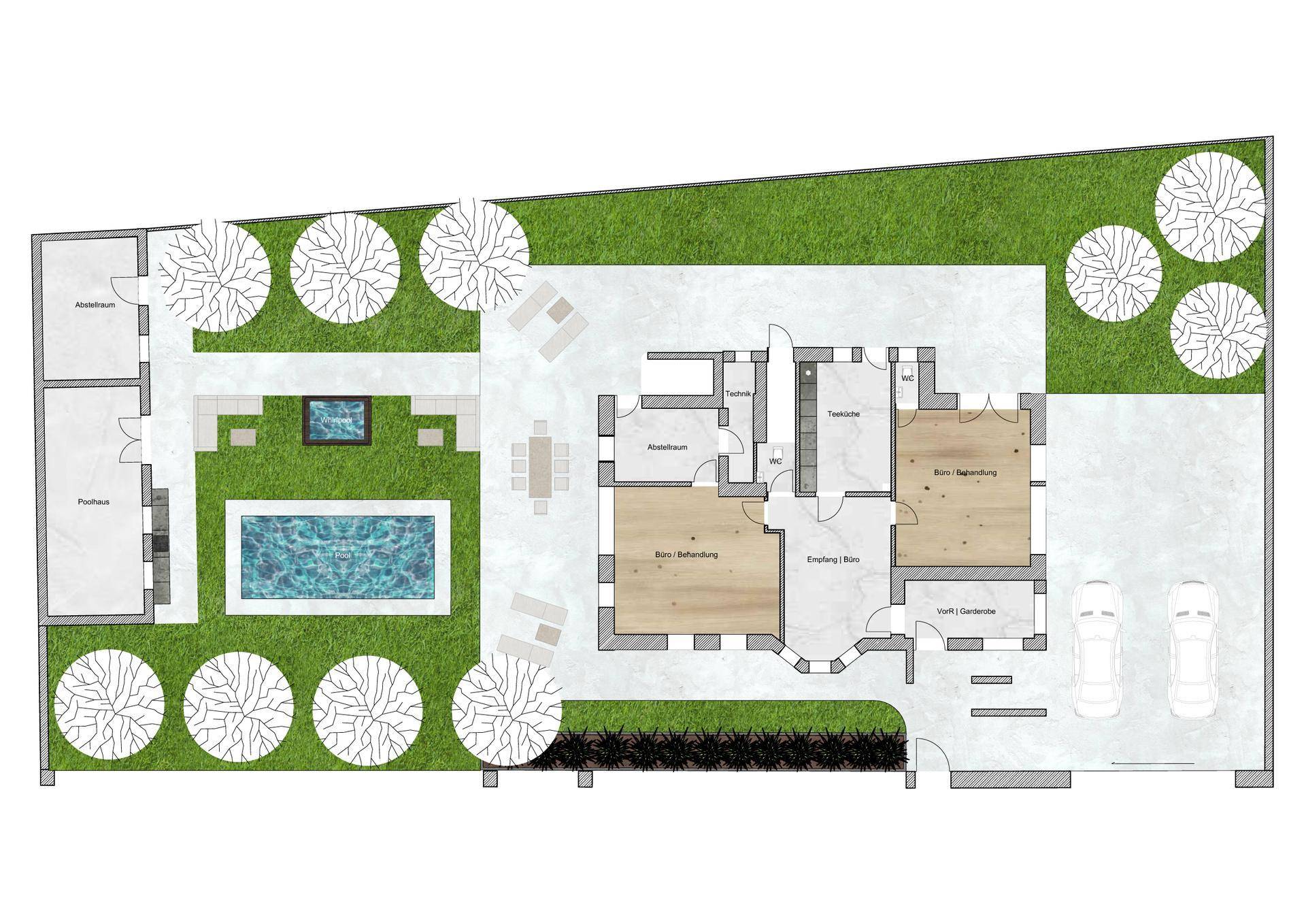 Gesamtübersicht des Grundstücks mit Haus, Pool, Garten, Nebengebäude und Parkplätzen.