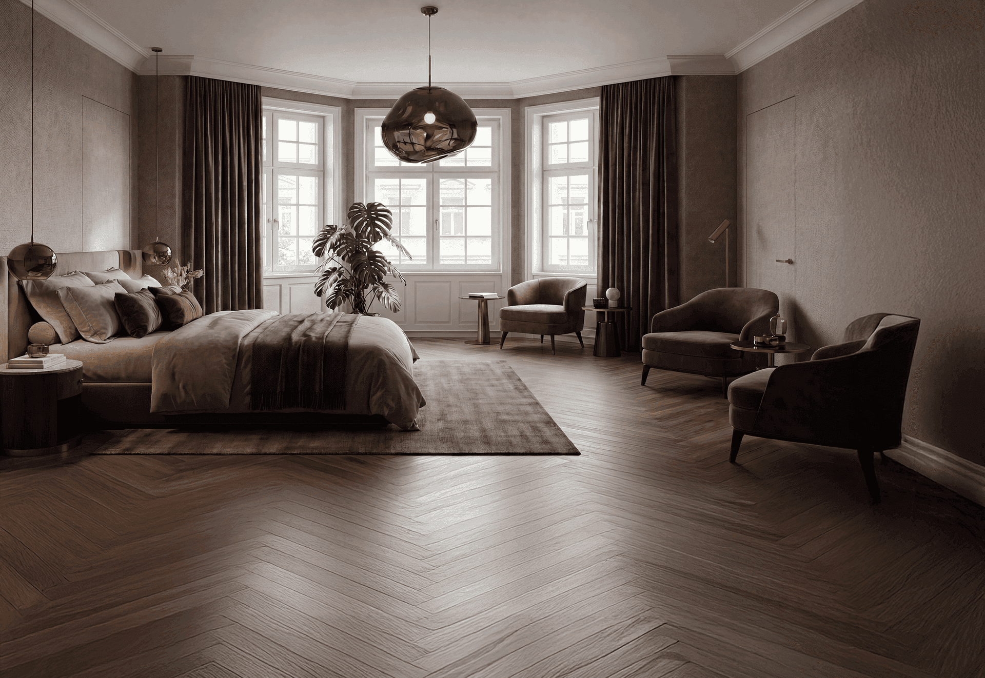 Elegantes Schlafzimmer mit dunklem Fischgrätparkett, großen Fenstern und stilvoller Einrichtung.