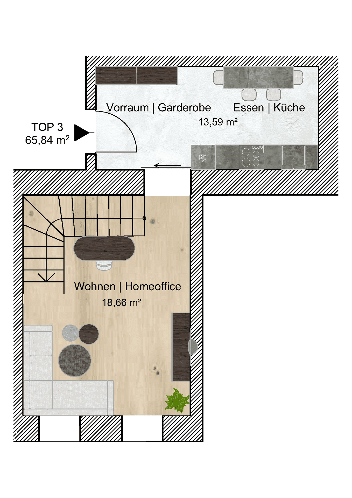 Grundriss des Erdgeschosses mit offenem Wohnbereich, integriertem Homeoffice und Essküche mit Balkonzugang.