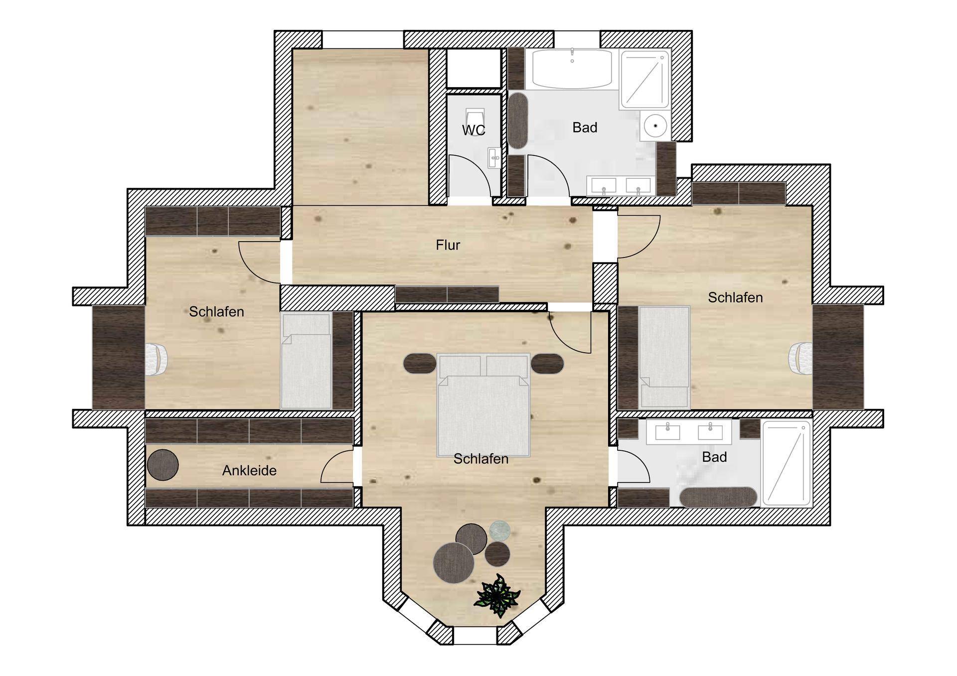 Grundriss des Obergeschosses mit drei Schlafzimmern, zwei Bädern und Ankleidezimmer.