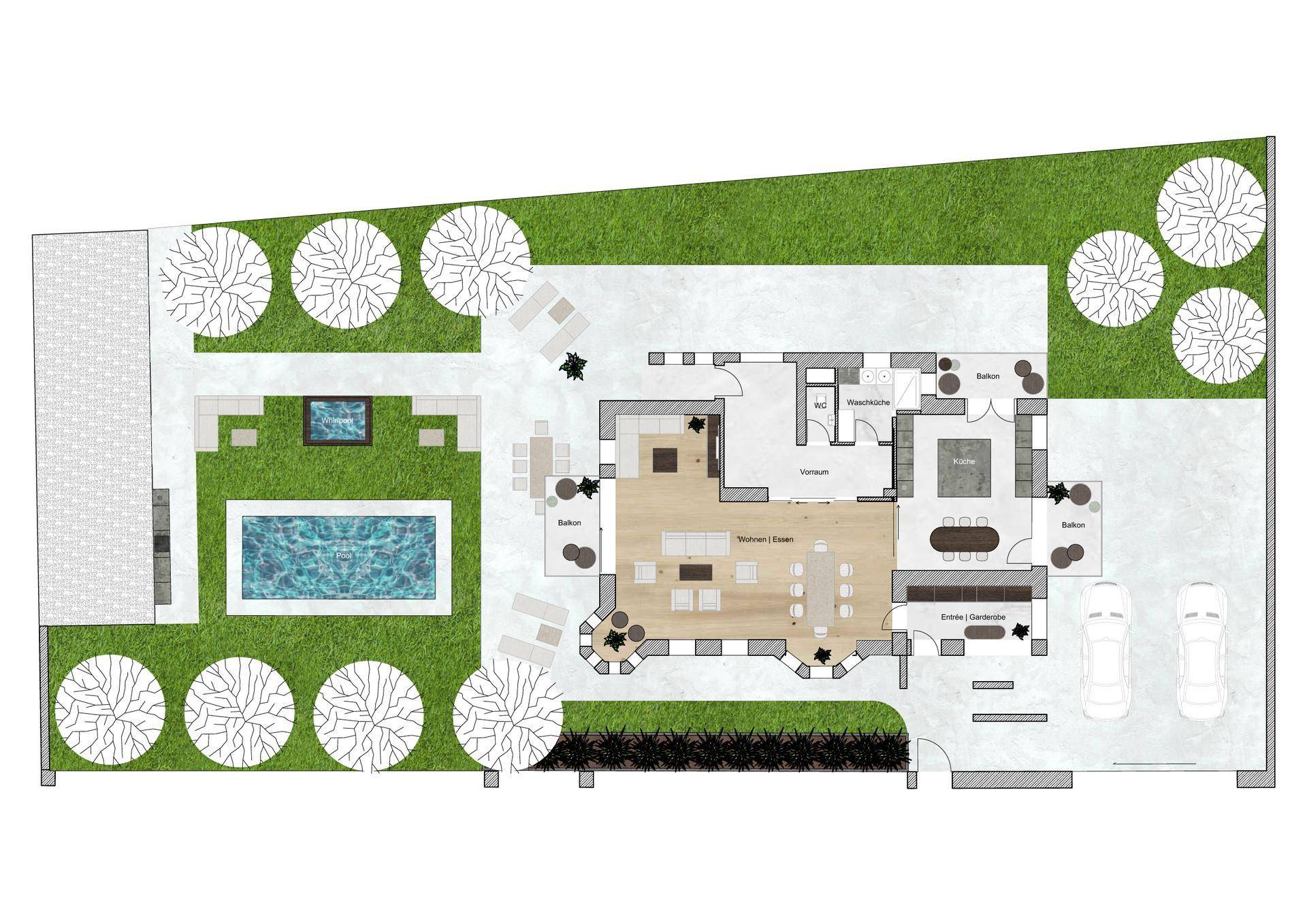 Übersichtsplan des Grundstücks mit Haus, großem Poolbereich, Garten und Parkmöglichkeiten.