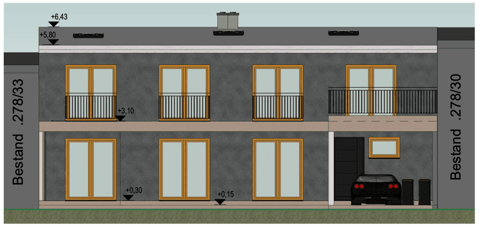 Architektonische Ansicht der Gebäudefassade mit Fenstern, Balkonen und Carport.