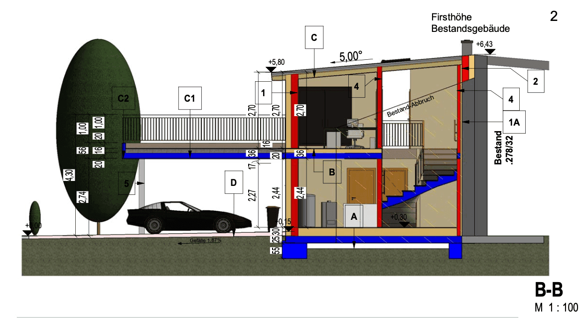Gebäudeschnitt B-B mit Carport, Treppe und einer Terrasse im Obergeschoss.