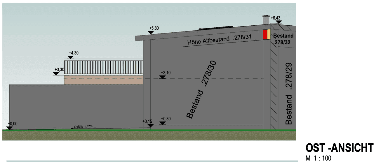 Architektonische Ost-Ansicht des Gebäudes mit Höhenangaben und Dachneigung.