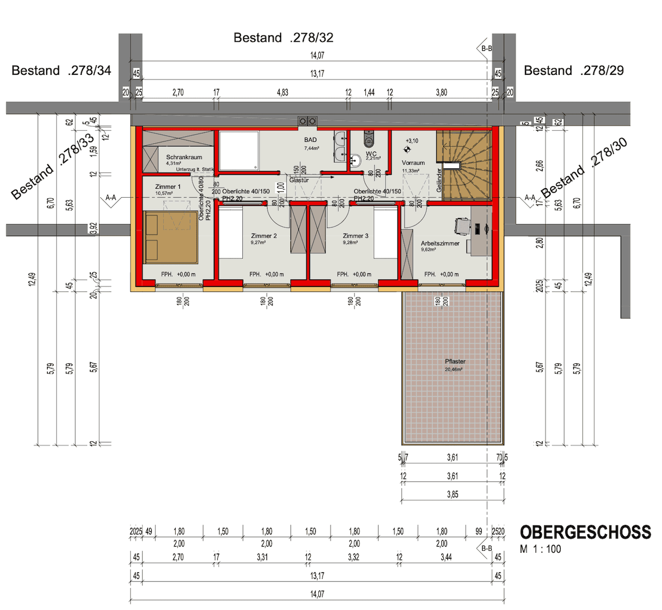 Grundriss des Obergeschosses mit drei Schlafzimmern, Bad und Arbeitszimmer.