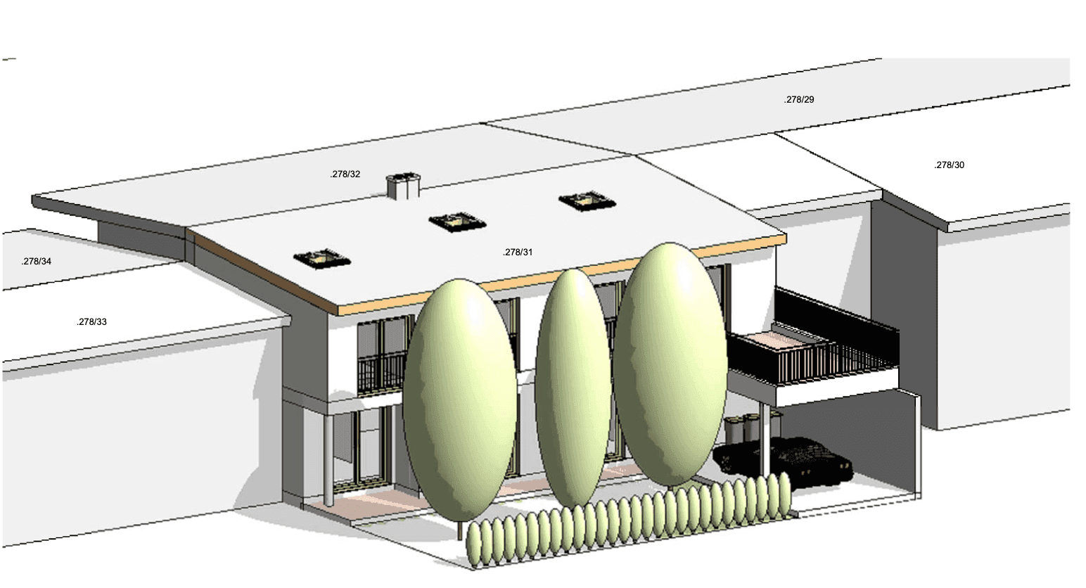 3D-Visualisierung der modernen Hausfassade mit Bäumen und Carport.