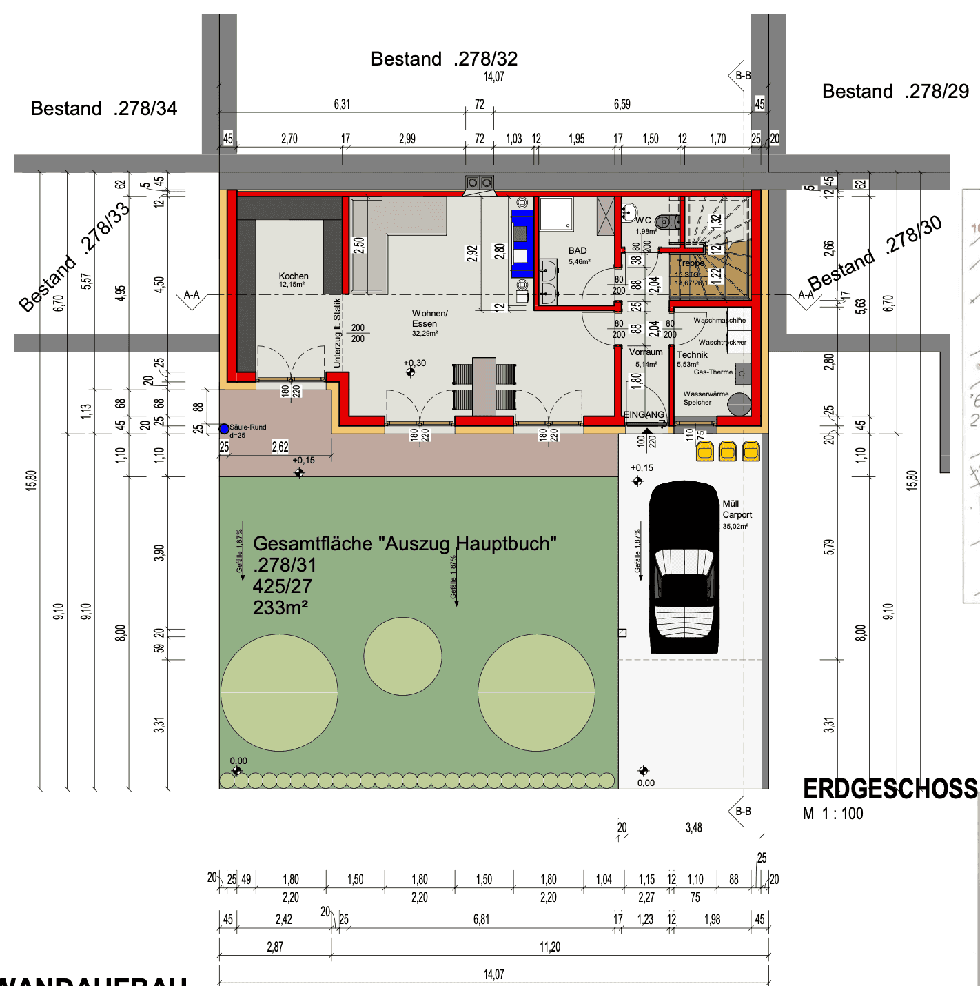Grundriss des Erdgeschosses mit offener Küche, Wohnbereich und Garten.