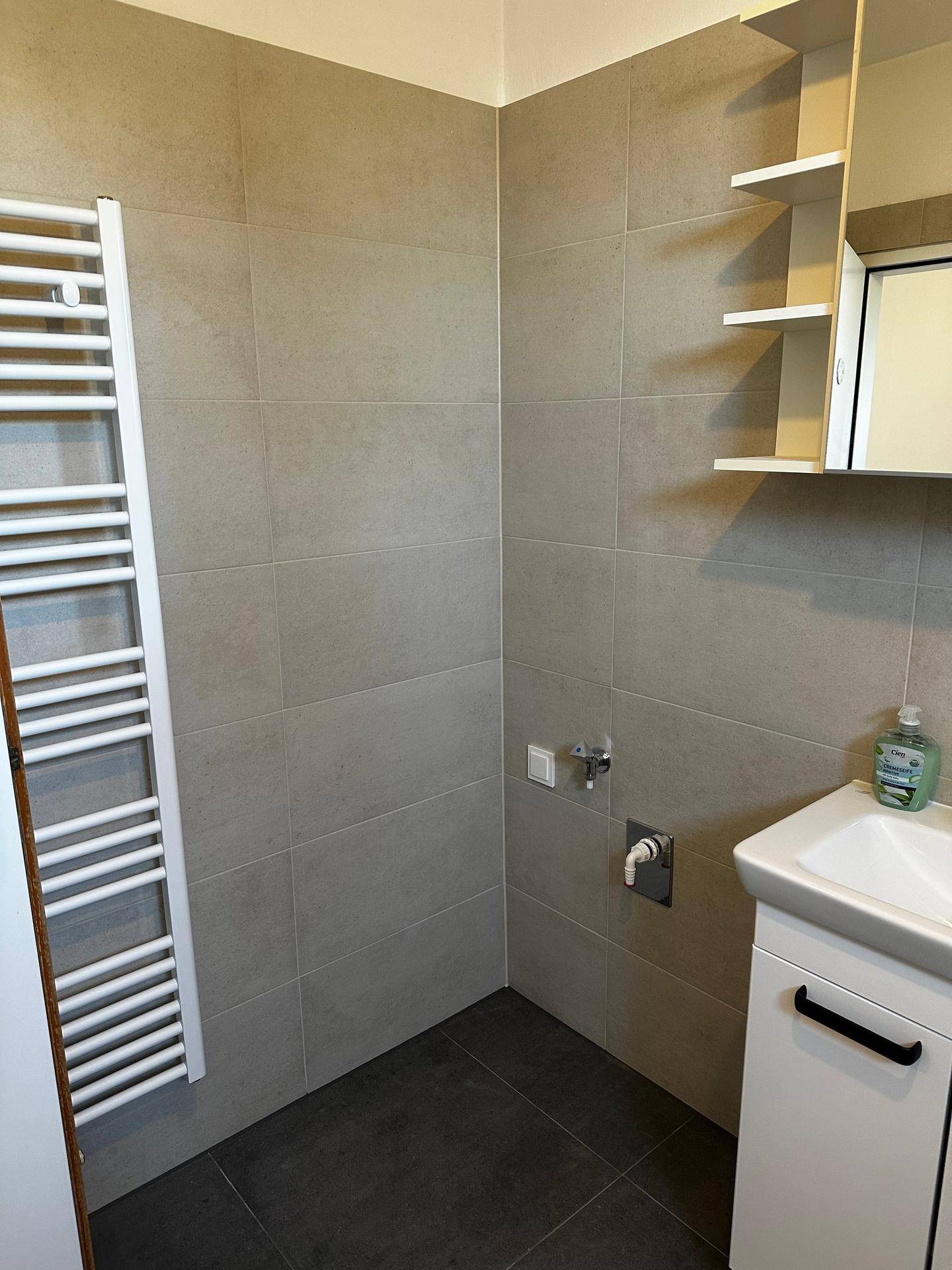 Badezimmer mit beigefarbenen Fliesen, dunklem Boden und praktischem Handtuchheizkörper.