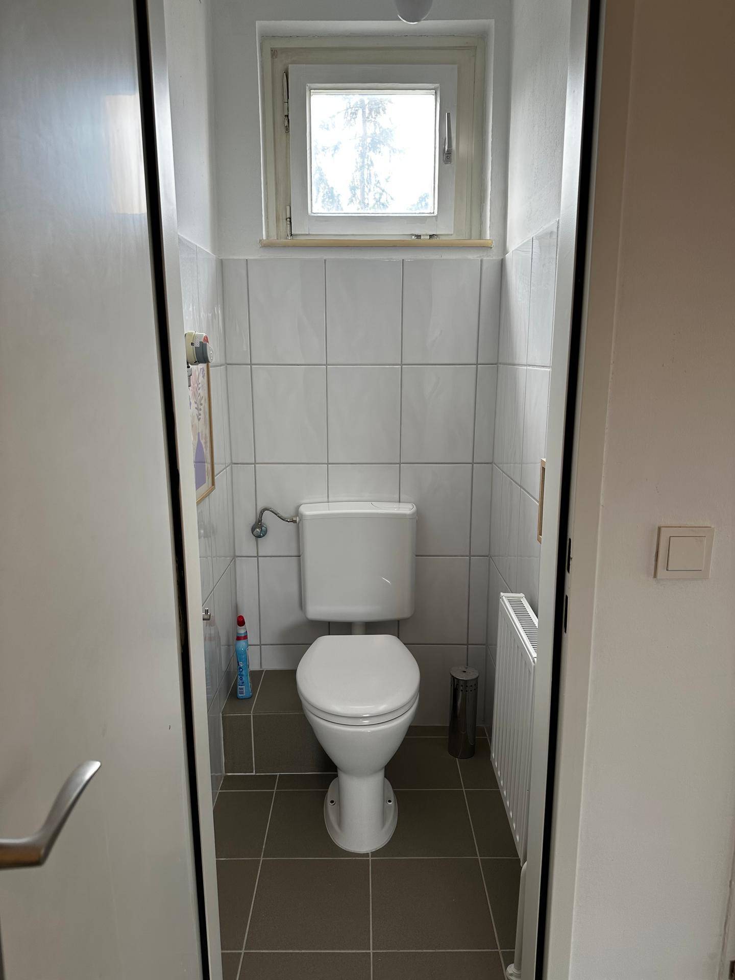 Kleines Gäste-WC mit Toilette, Fenster und hellen Fliesen an den Wänden.