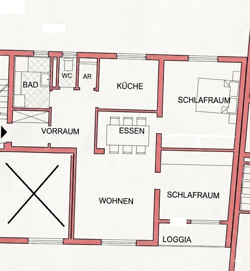 Detaillierter Grundriss der Wohnung mit separaten Bereichen für Wohnen, Essen und Schlafen.