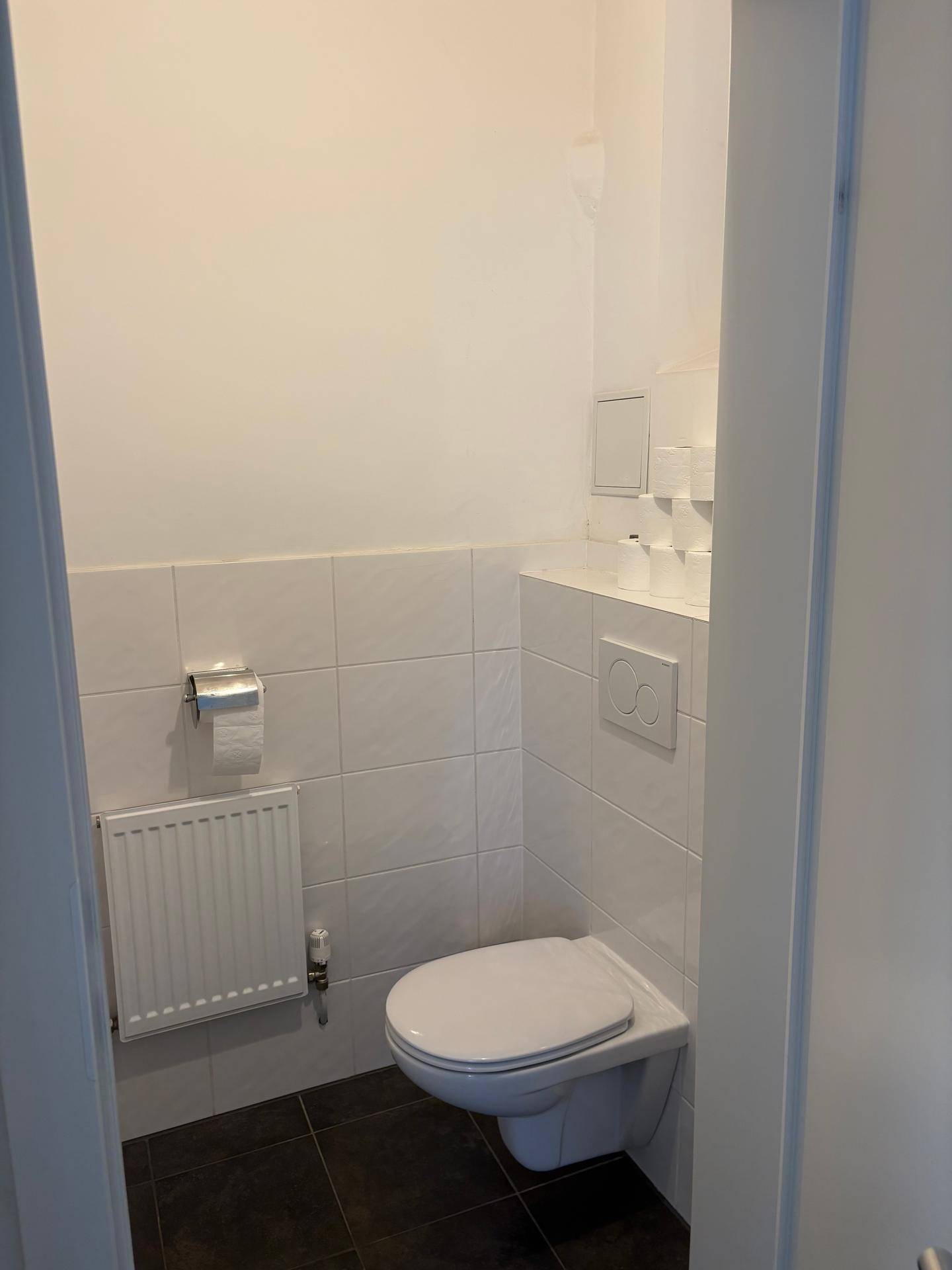 Separates WC mit Wand-WC und Heizkörper in einem weiß gefliesten Raum.