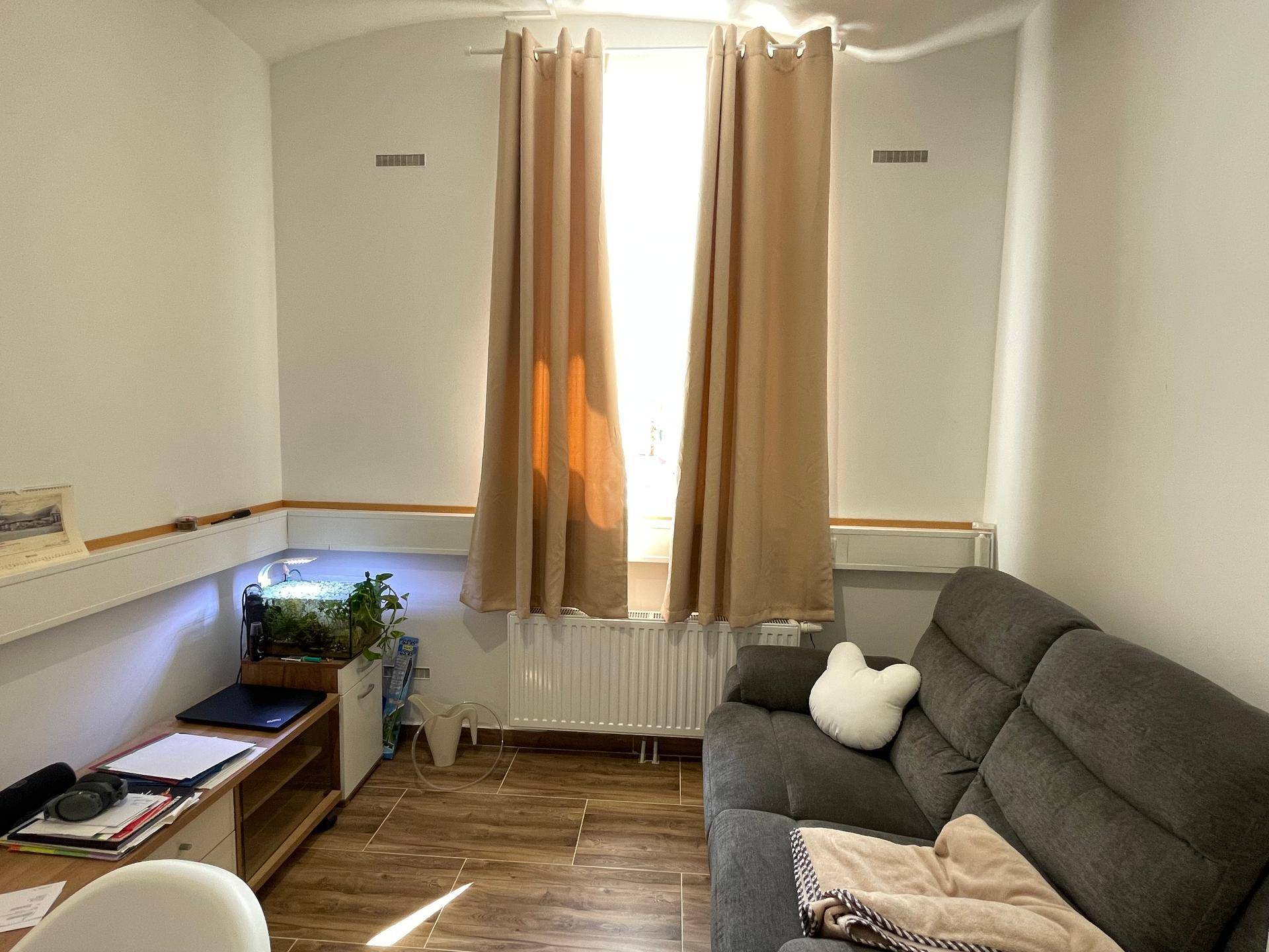 Gemütlicher Bereich mit Sofa und Fenster, das viel Tageslicht in den Raum lässt.
