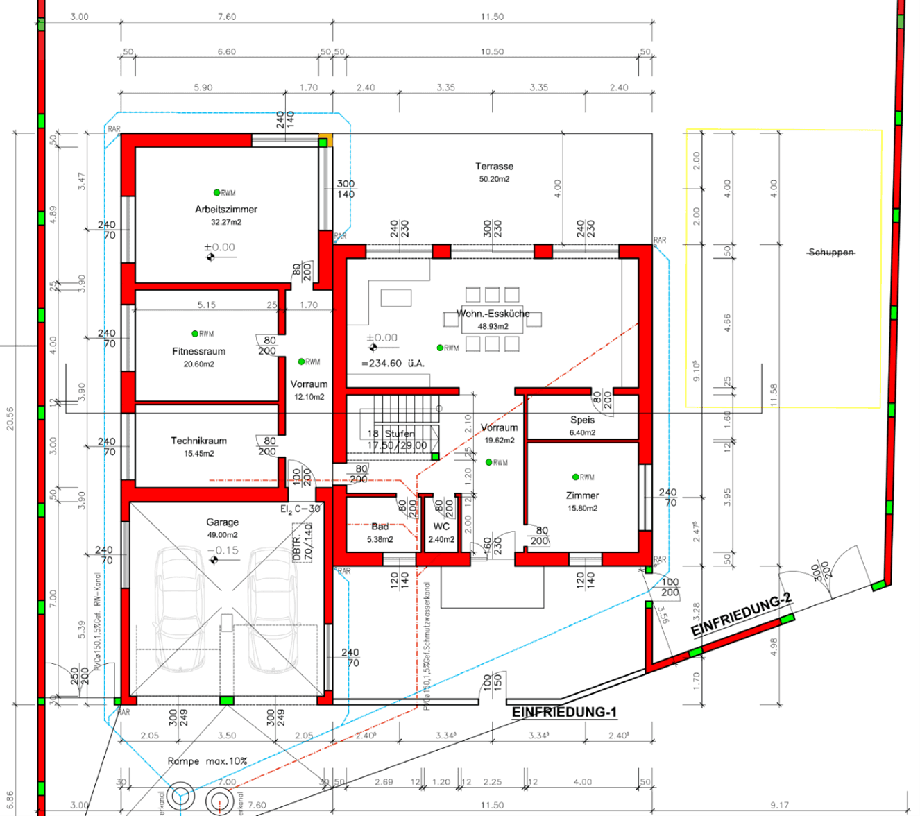Grundriss des Erdgeschosses mit Garage, Fitnessraum und offenem Wohnbereich.