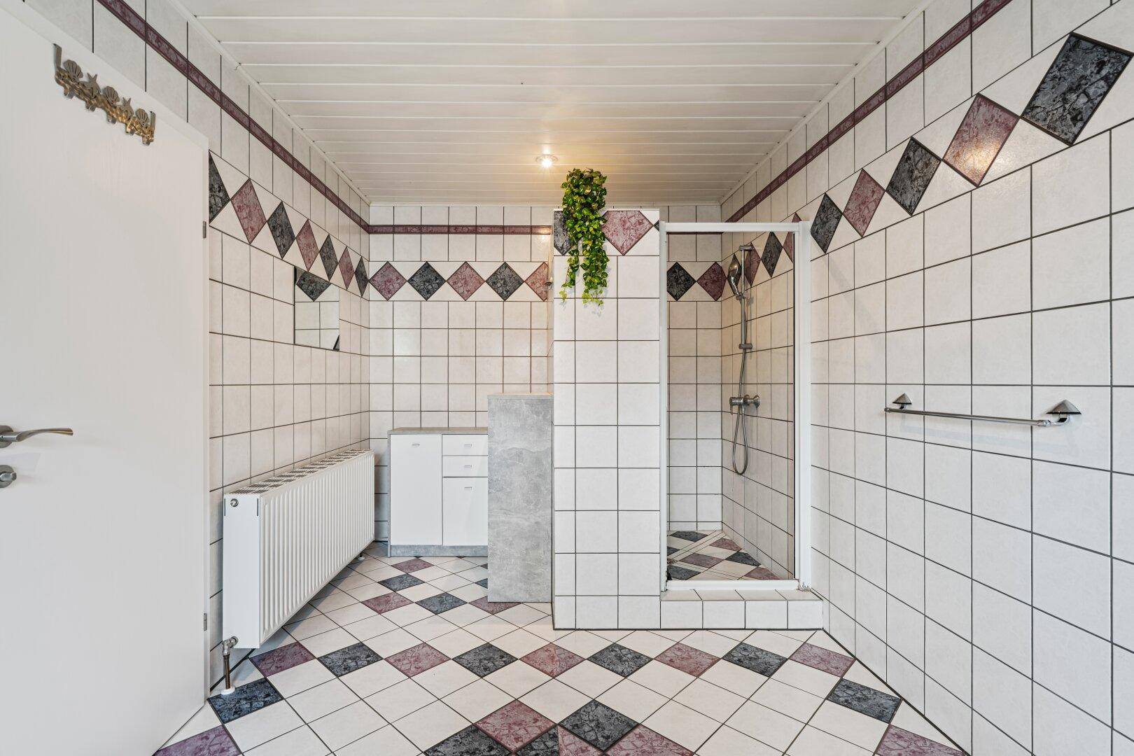 Badezimmer mit Duschbereich, Heizkörper und farbigen Fliesenmuster.