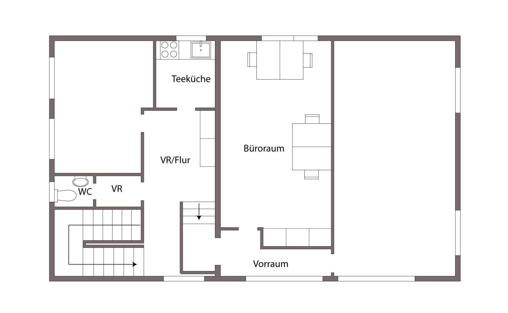 Grundriss zeigt eine Teeküche, ein Büro und ein separates WC mit Treppenhauszugang.