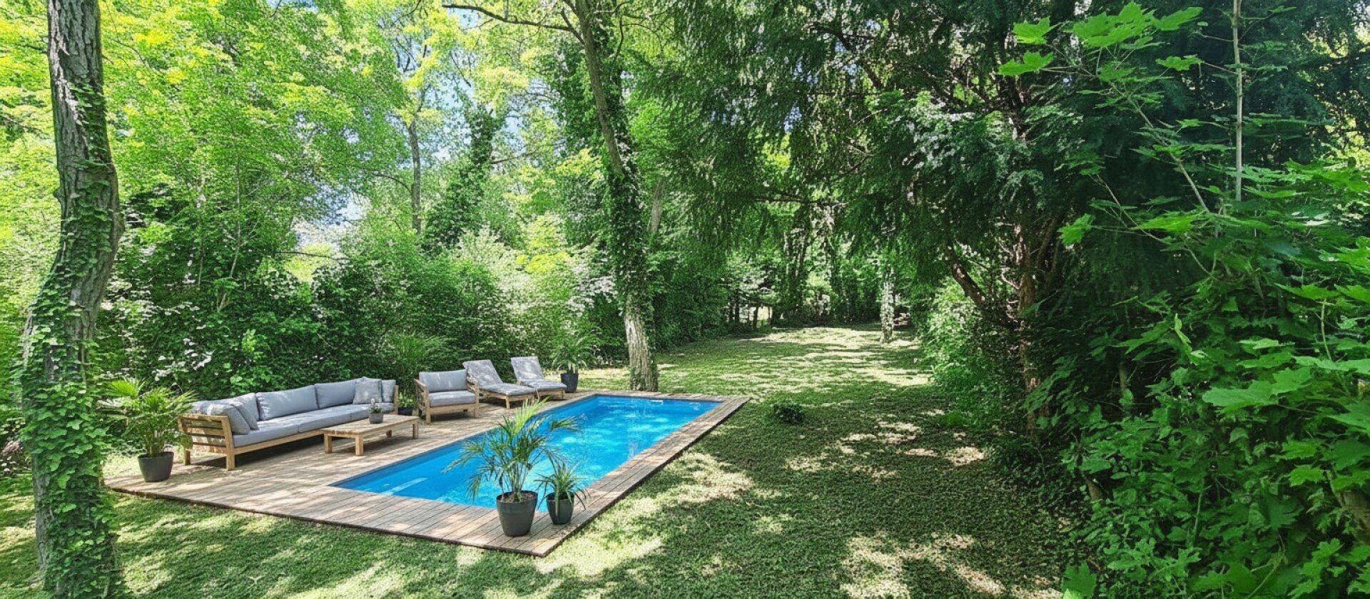 Gartenbereich mit Pool, Visualisierung (KI-generiert, nicht real vorhanden)