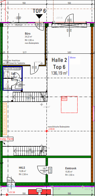 Detaillierter Grundriss der Halle 2 mit Büro, Sanitärbereich und Technikräumen, inklusive Abmessungen und Treppenhaus.
