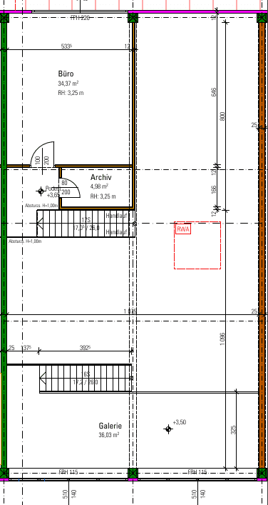 Grundriss mit Büro, Archiv und Galeriebereich, inklusive Treppenhaus und Abmessungen, für eine effiziente Raumnutzung.