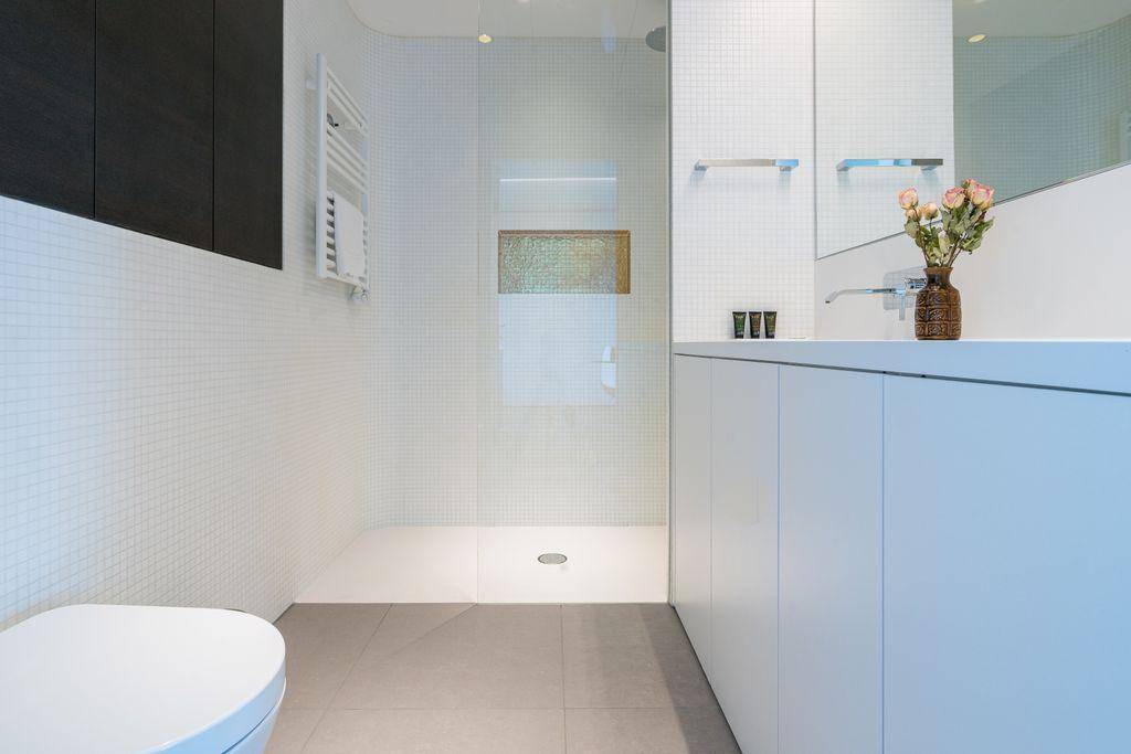 Modernes Badezimmer mit ebenerdiger Dusche, Mosaikfliesen und beheiztem Handtuchhalter.