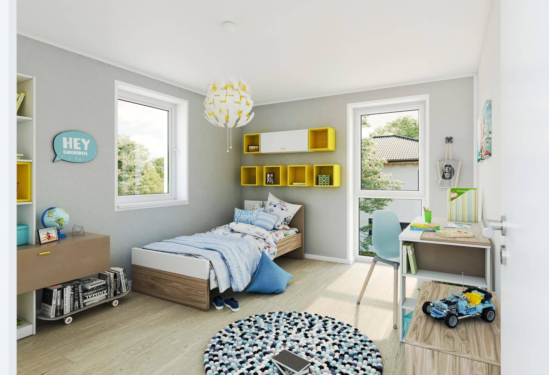 Helles Kinderzimmer mit modernem Bett, bunten Regalen und viel Tageslicht durch große Fenster.