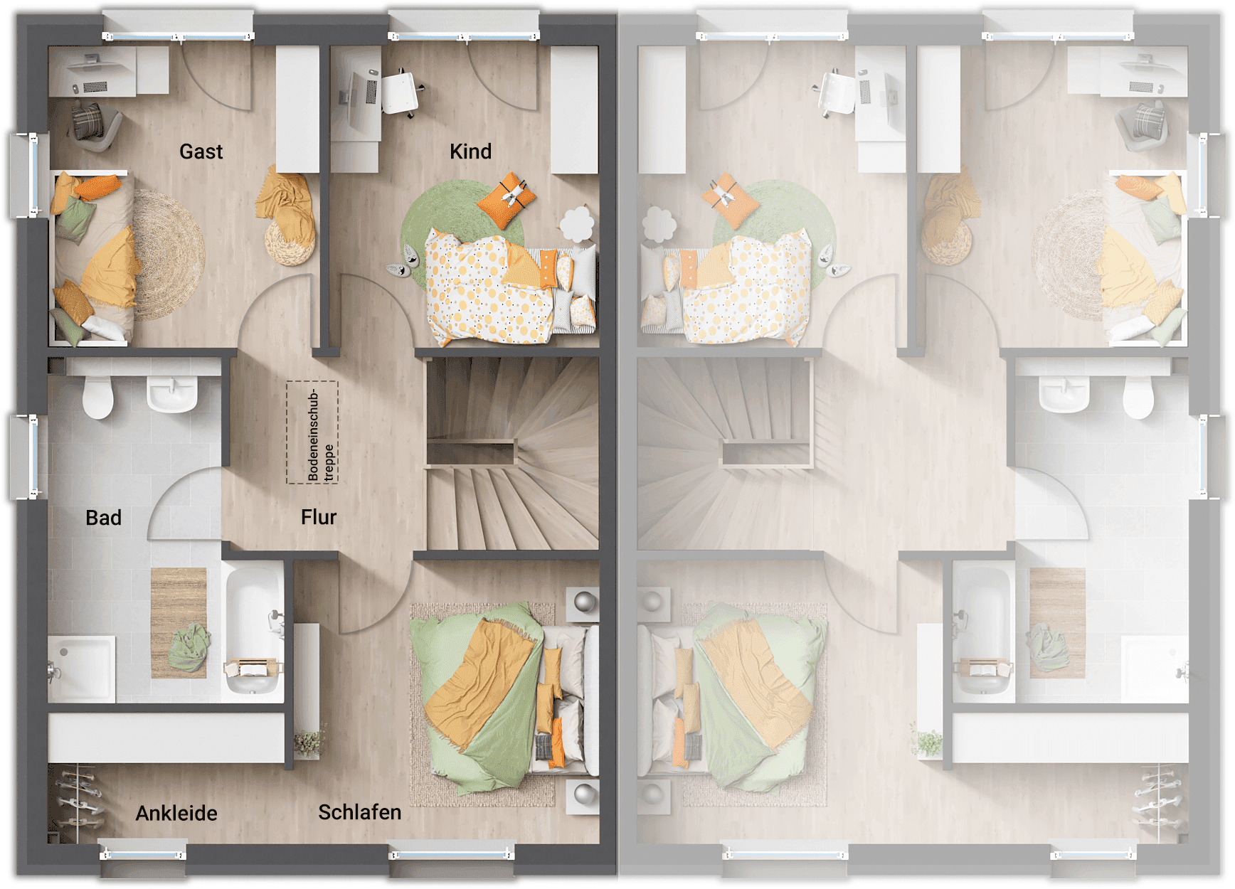 Grundriss des Obergeschosses mit Schlafzimmern, Bad und Ankleidebereich.