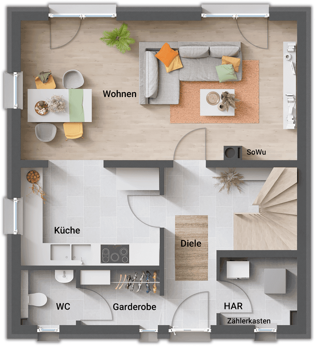 Grundriss des Erdgeschosses mit offenem Wohn-Essbereich, Küche, Diele und separatem WC.
