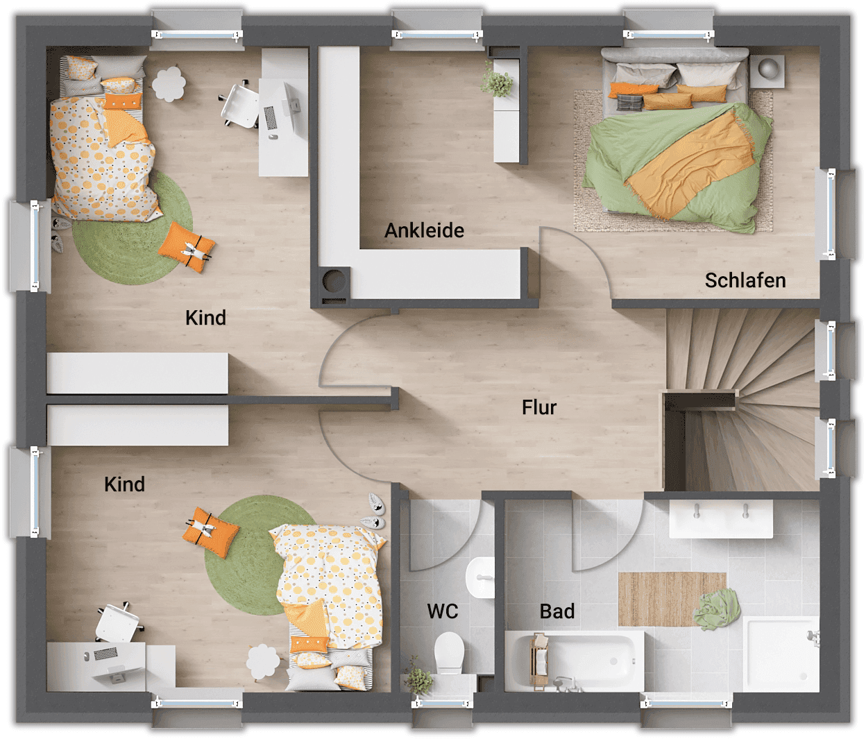 Grundriss des Obergeschosses mit drei Schlafzimmern, Ankleide und Badezimmer.