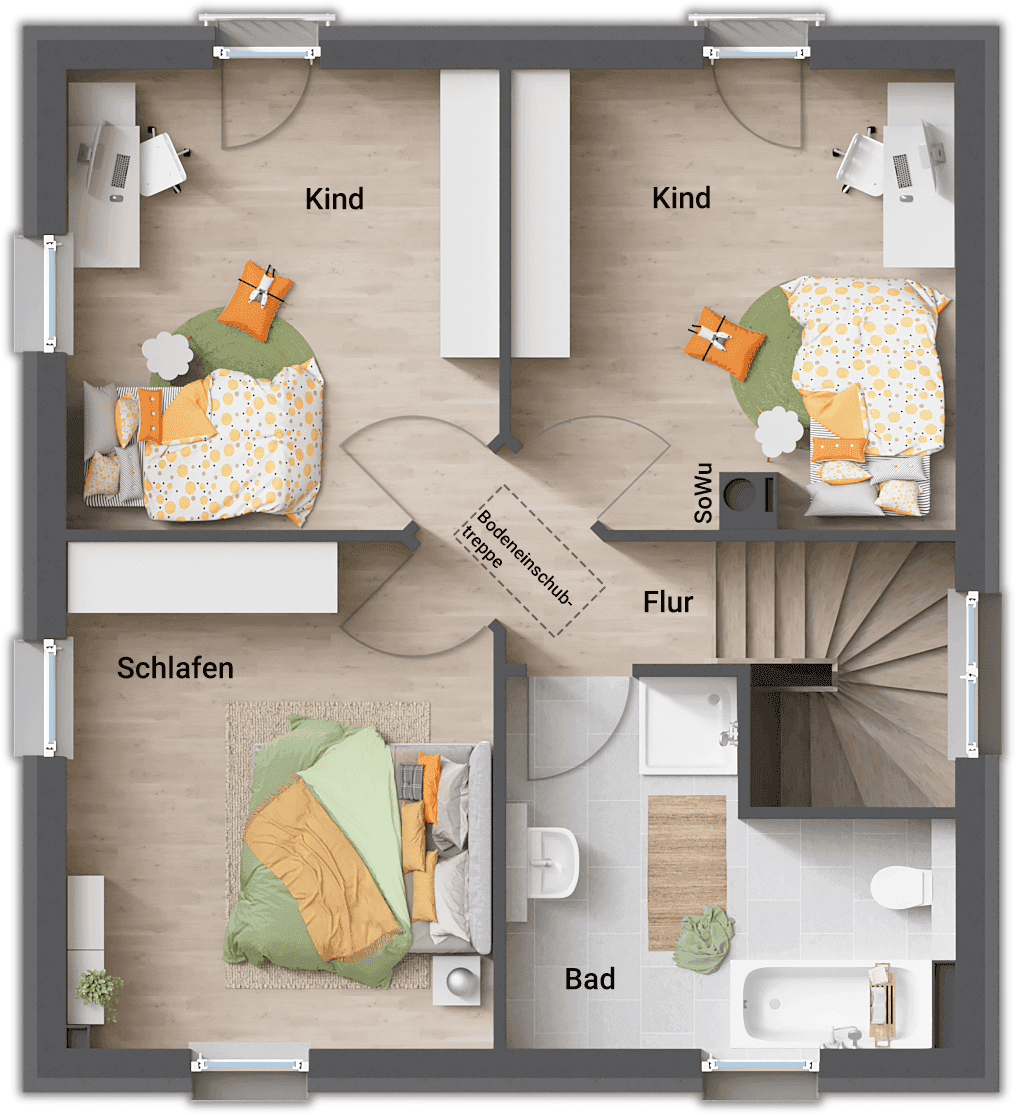 Grundriss des Obergeschosses mit Schlafzimmer, zwei Kinderzimmern und einem Badezimmer mit Badewanne.