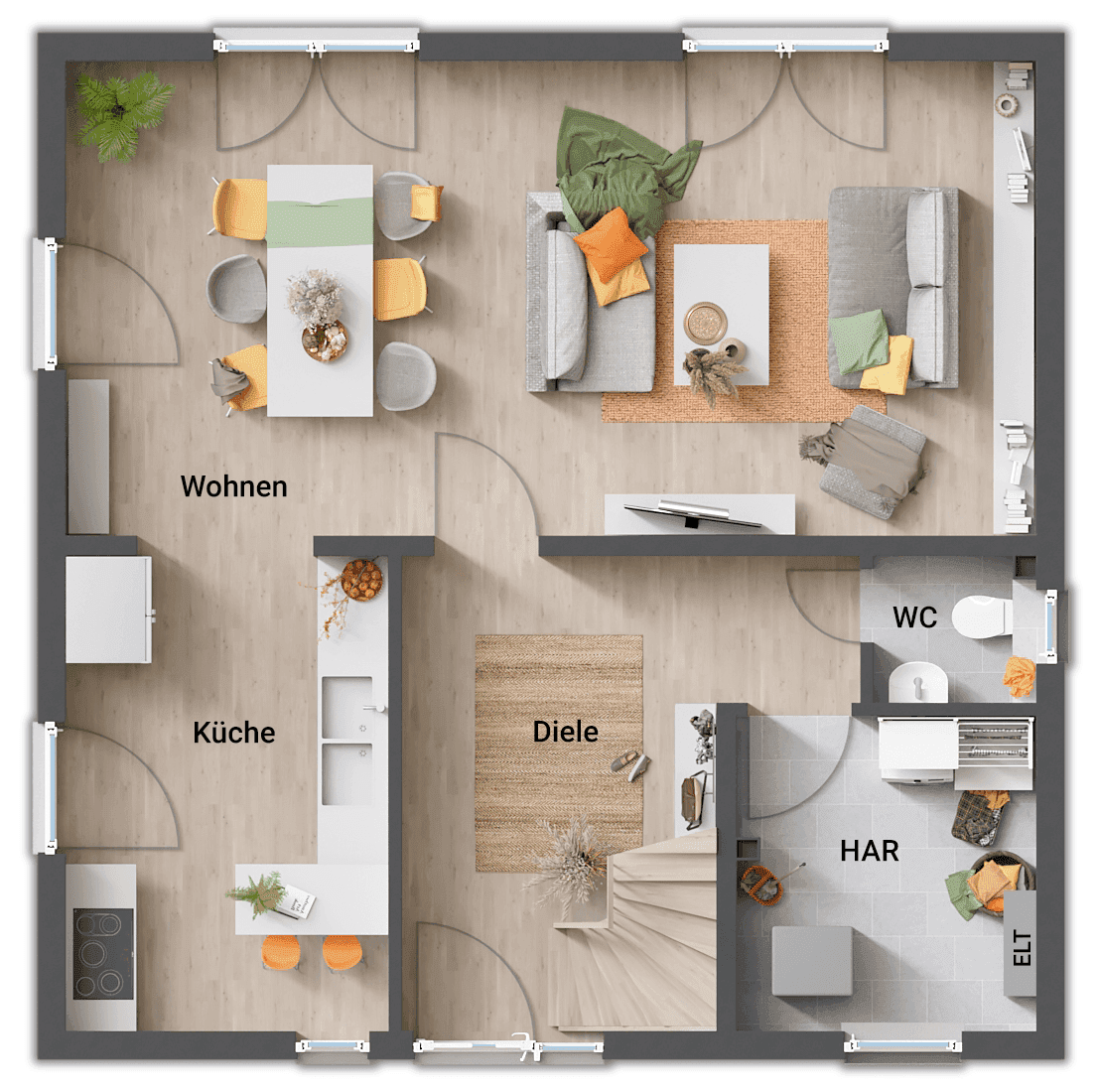 Grundriss des Erdgeschosses mit offener Küche, Wohnbereich und separatem WC.