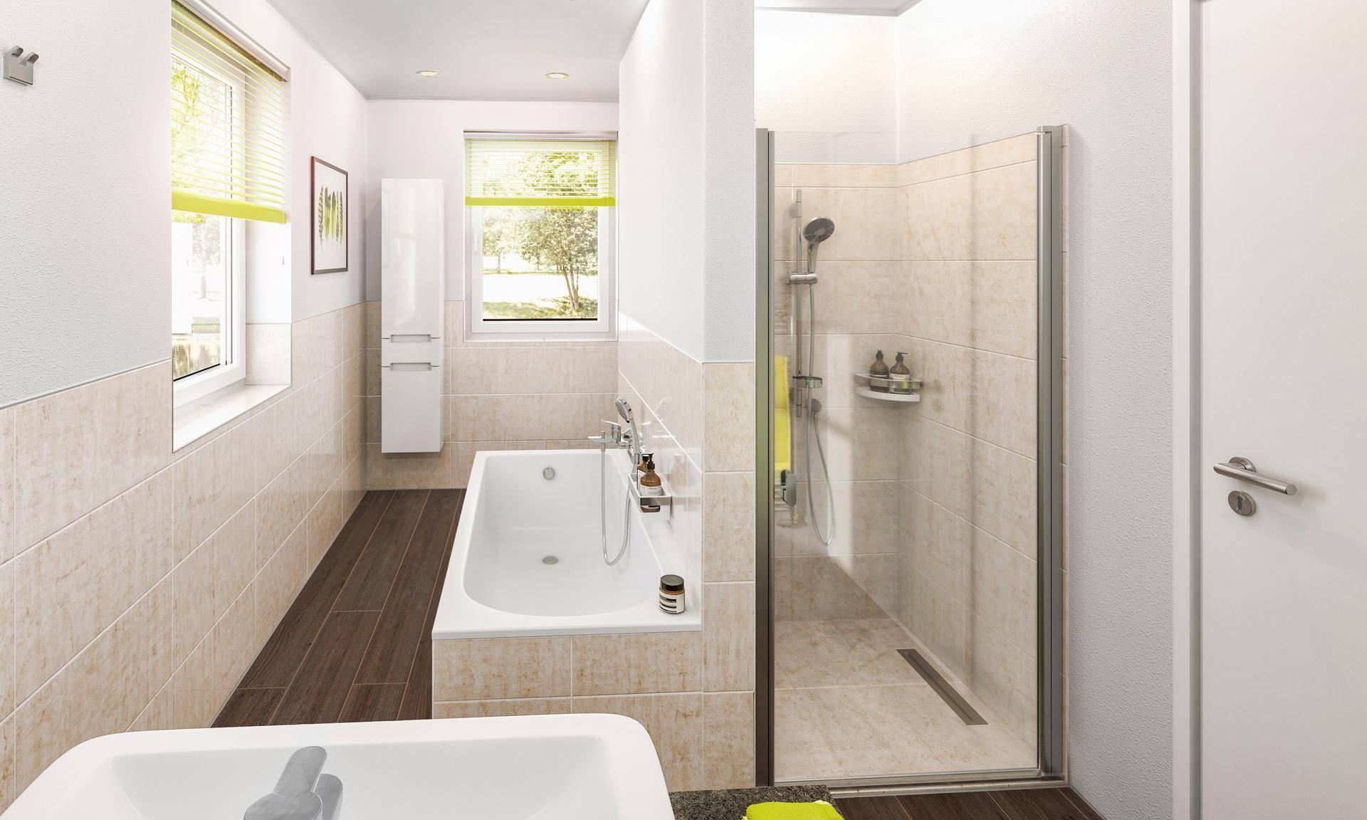 Modernes Badezimmer mit Badewanne, ebenerdiger Dusche und zwei Fenstern für Tageslicht.