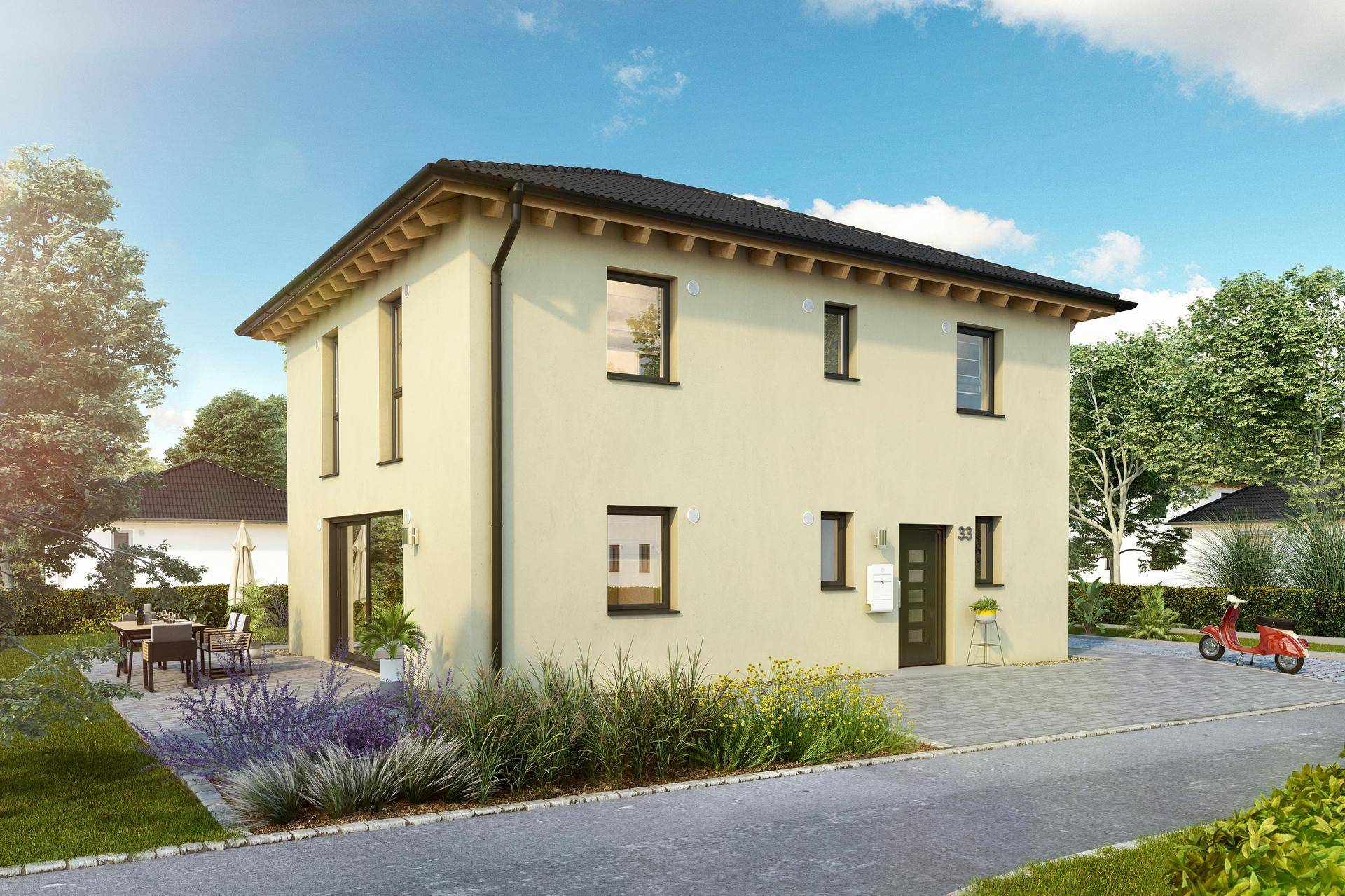 Vorderansicht eines modernen Einfamilienhauses mit heller Fassade, Vorgarten und gepflasterter Auffahrt.