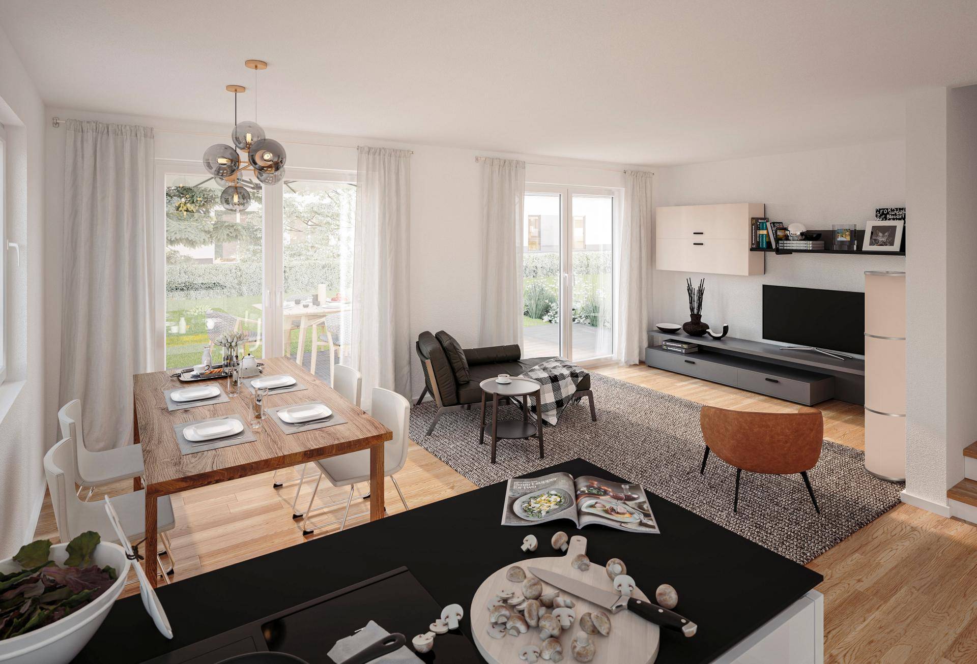 Heller, offener Wohn- und Essbereich mit Zugang zur Terrasse und moderner Einrichtung.