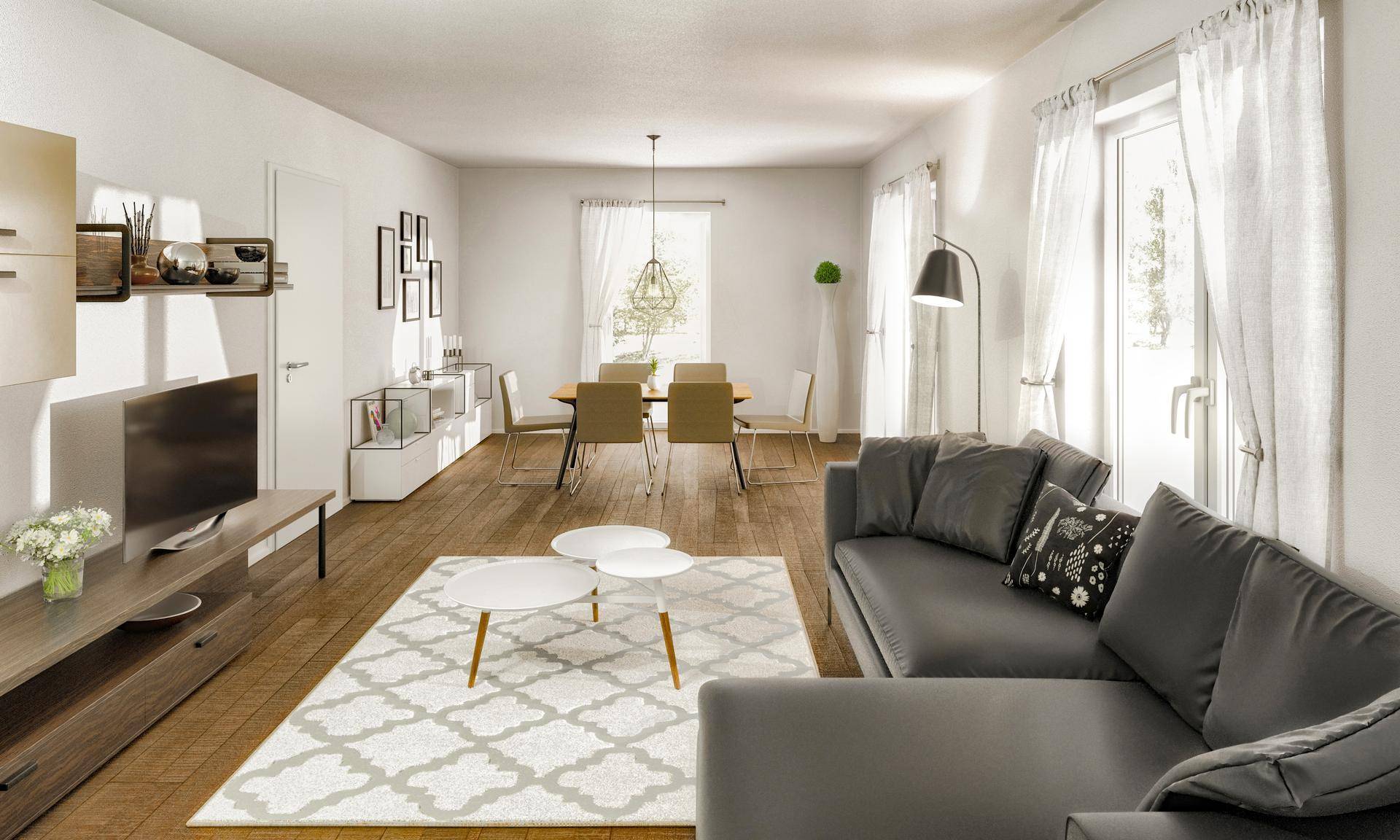 Heller, offener Wohn-Essbereich mit Holzboden, bequemer Couch und Zugang zum Balkon.