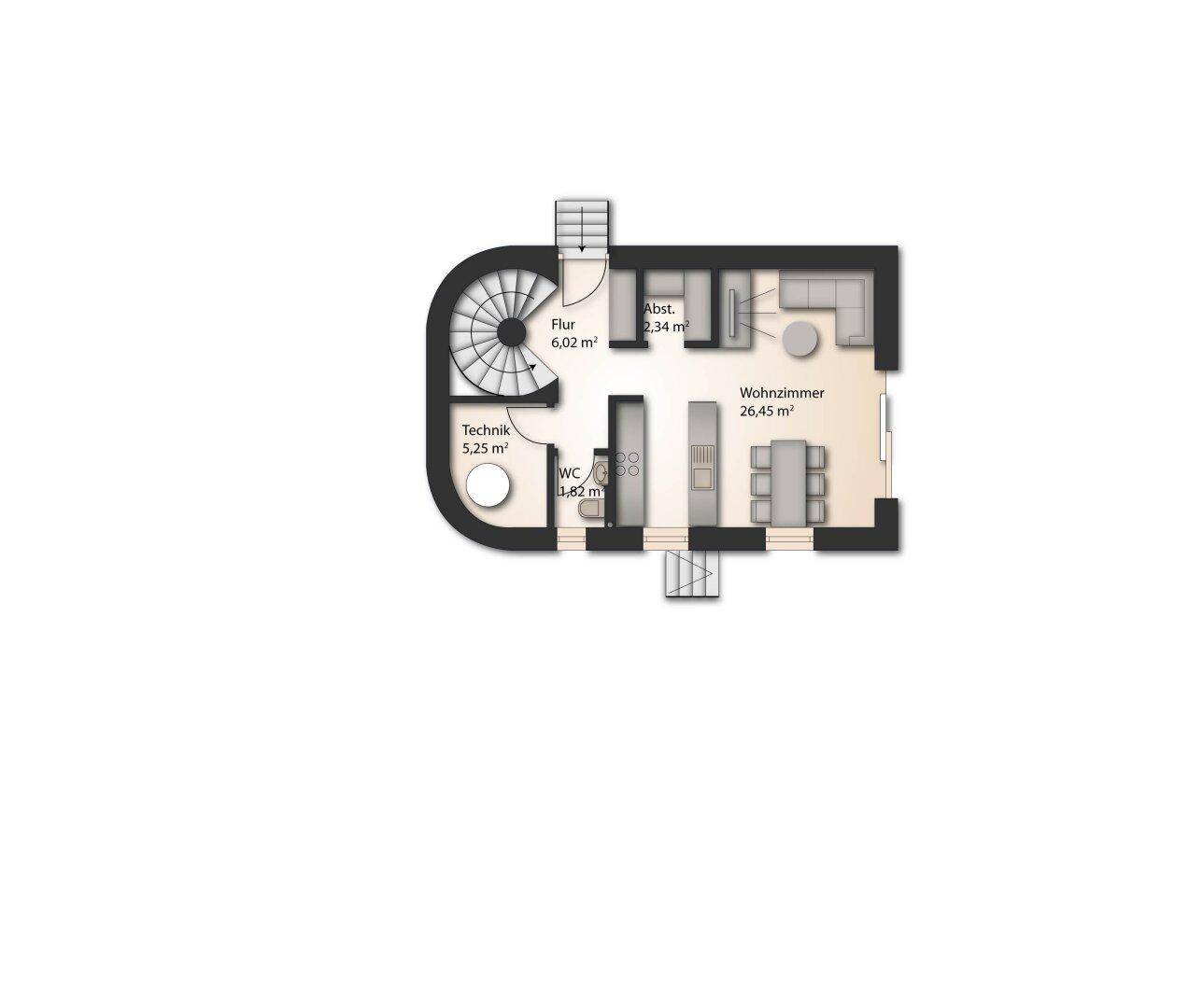 Grundriss des Erdgeschosses mit offenem Wohnbereich, WC und Wendeltreppe.