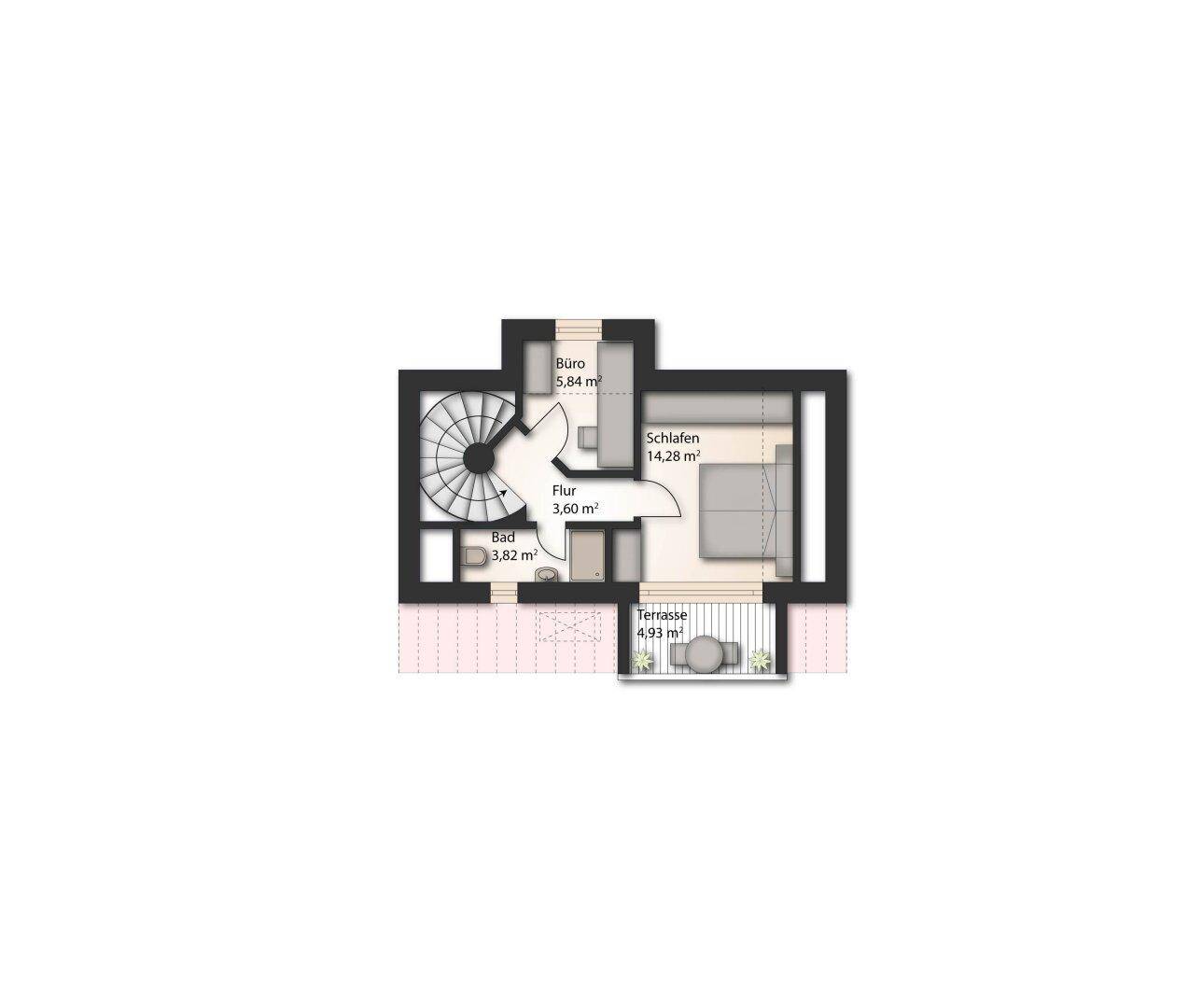 Grundriss des Obergeschosses mit Schlafzimmer, Bad, Büro und Zugang zur Terrasse.
